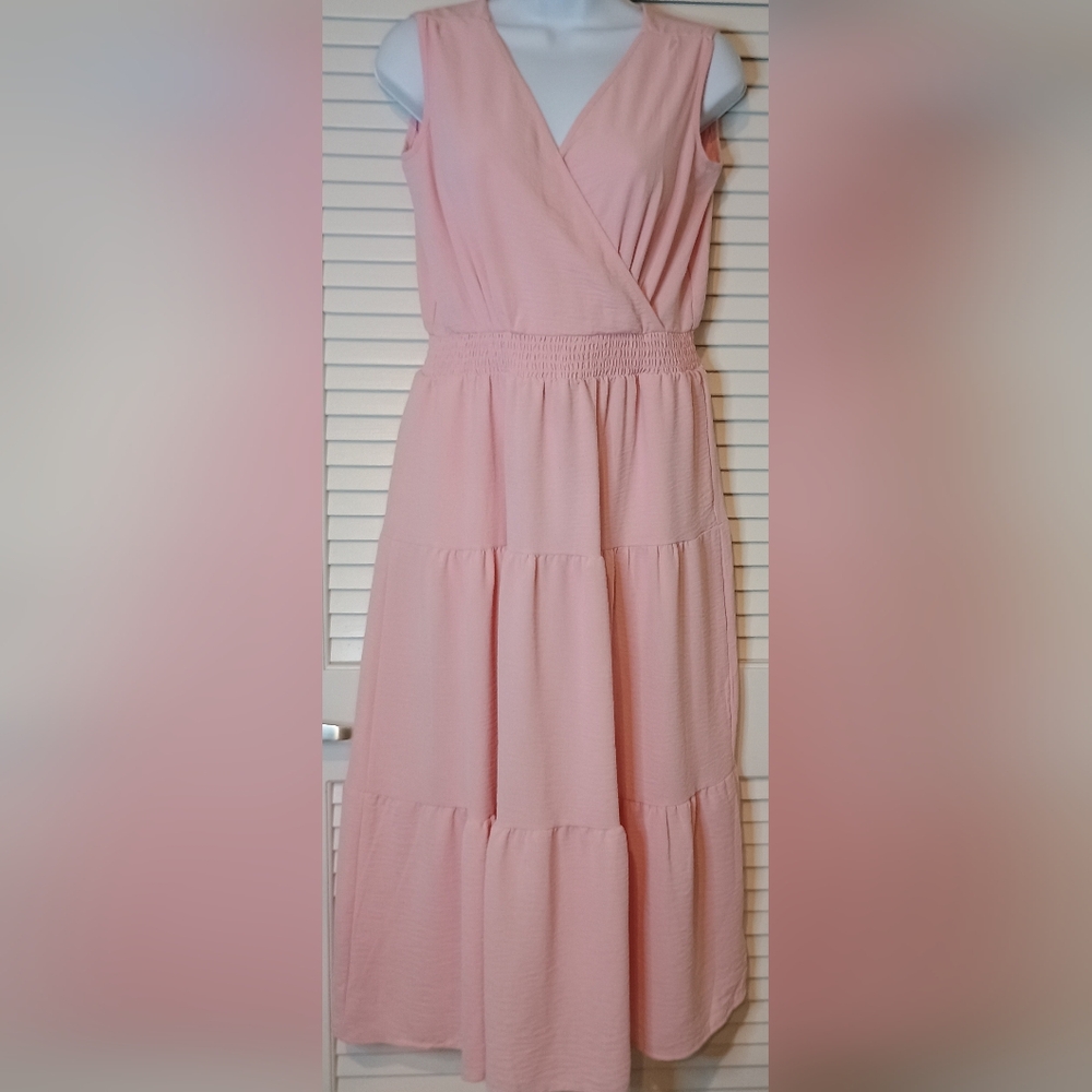 Nin Leonard Elegant Pink Sleeveless Elastic Waist Band Dress Size Small